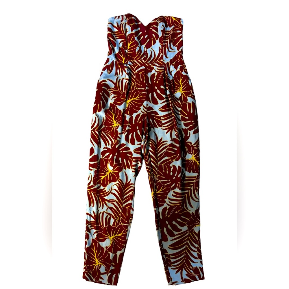 H&M Conscious Hawaiian Print Strapless Bustier Jumpsuit Maroon/Blue W/Pockets